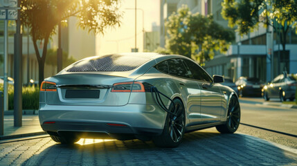 Modern electric sedans have solar panels on the back to charge them with renewable energy from the sun while driving on the road - 747791978