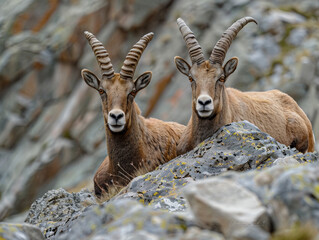 Two brown ibex standing proudly in rocky terrain.