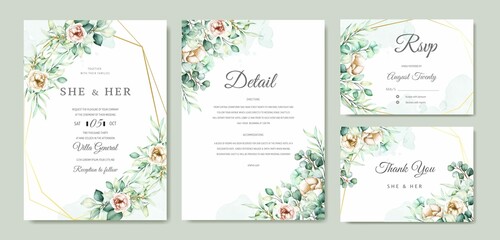 Fototapeta na wymiar Watercolor Eucalyptus Wedding Invitation Card Set