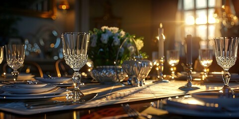 Fototapeta na wymiar Elegant dining setting bathed in golden sunset with sparkling glassware