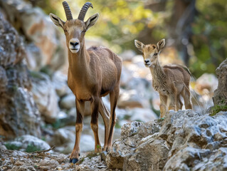 A mother ibex stands guard as her young kid explores the rocky terrain.