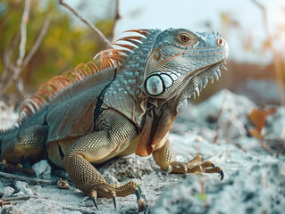 Fototapeta premium A green iguana lounges on a rock with a lush background.