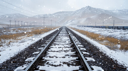 Snowy winter railway in Mongolia