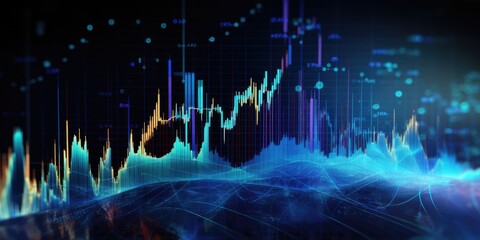 Abstract blue 3D bar graph on a dark digital background with glowing lights.