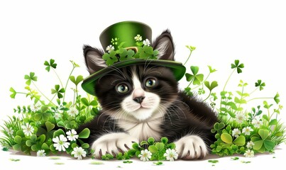 Photography realistic photo banner design cute cat for St Patrick day style happy condition, with the best stock photos and, the white background