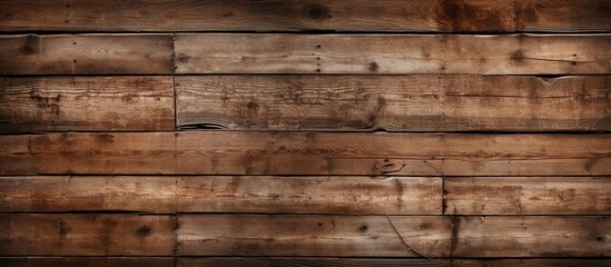 A detailed view of a weathered wooden plank wall, showcasing the aged texture and natural grain patterns. The wall exudes a rustic charm with its rich brown hue and rough surface.