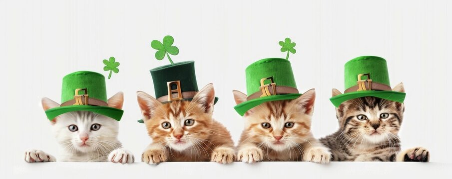 Photography realistic photo banner design cute cat for St Patrick day style happy condition, with the best stock photos and, the white background