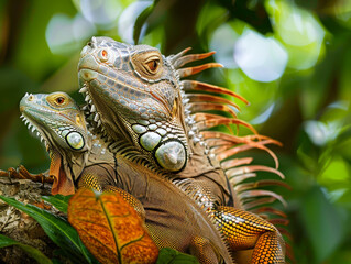 Fototapeta premium Two green and orange iguanas perched together in a tree.