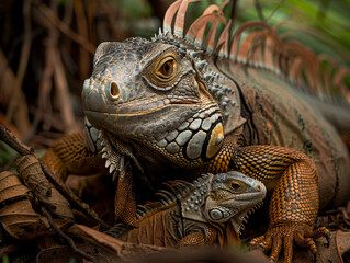 Fototapeta premium Mother iguana caring for its baby.