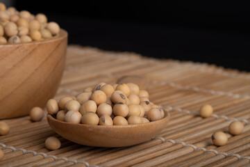 Closeup to fresh organic soybeans. Healthy vegetarian food in wooden spoon.