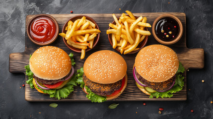 Burger on a wooden table with French fries. 