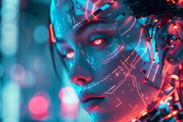 face of female humanoid android Artificial Intelligence mechanical robot be creative Have an understanding of orders It has the most advanced operating system Robot innovations  future cyber punk tone - obrazy, fototapety, plakaty