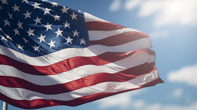 american flag waving blue sky