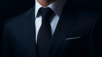 A sharp close-up of a navy blue business suit against a sleek black background