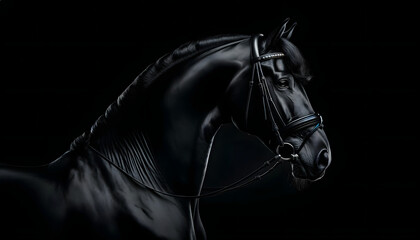 The horse's sleek coat is highlighted against a deep, solid black background, providing a dramatic contrast that emphasizes its strong and elegant silhouette