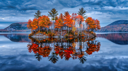 Autumn Reflections in Serene Lake, Peaceful Forest Landscape in Fall Season, Vibrant Foliage and Calm Water, Scenic Outdoor Beauty and Tranquility - obrazy, fototapety, plakaty