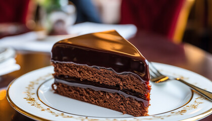 A homemade chocolate cake slice on a plate 