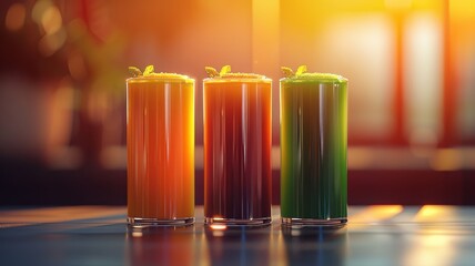 Trio of nutrient-packed juices in gradient colors served in a modern setting reflecting a healthy lifestyle