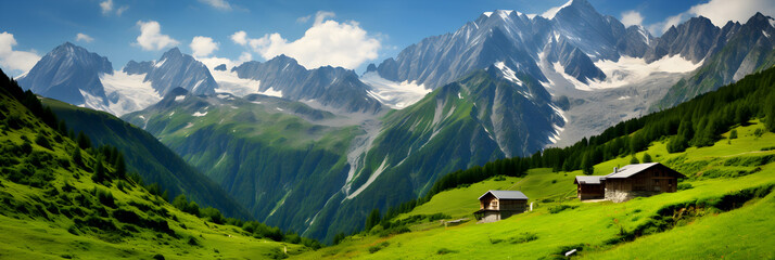 Breathtaking Alpine Landscape - Snow-Kissed Mountains, Vast Green Meadows, and Serene Blue Skies