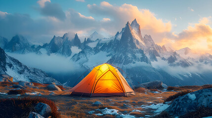 A camping tent at dusk high in the mountains Bright, extremely precise, incredibly lifelike, with a keen focus and vibrant hues - obrazy, fototapety, plakaty