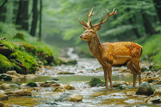 Real deer in the front and a beautiful, enchanted, and brilliantly green forest with a stream running through it in the backdrop