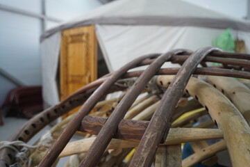 A wooden base for assembling a yurt - a national traditional Kazakh house. The dwelling of the nomads.