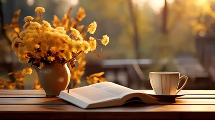 Poster An autumnal scene Good morning in the backdrop, with an open book on a table © Arif
