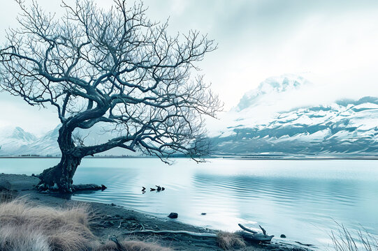 On a foggy day, view of an ancient tree on a lake with snow-covered mountains in the background