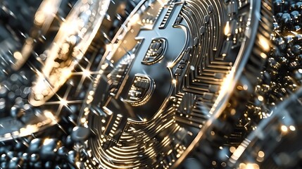 A Bitcoin token is central in a maze of digital circuits, shining with a brilliance that suggests high value and futuristic finance. The image conveys the complex and interconnected world of