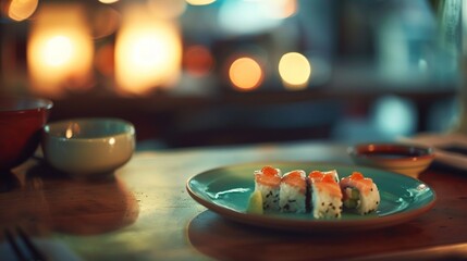 Cozy dining nook with soft lighting, featuring a green plate adorned with futomaki sushi and a small bowl of shoyu, creating an intimate culinary experience - obrazy, fototapety, plakaty