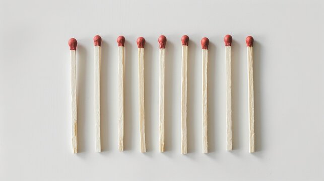 Cinematically portrayed from above, a handful of matches arranged neatly on a clean white backdrop