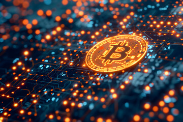 Bitcoin shiner laid over circuit board. Neural network generated image. Not based on any actual person or scene.