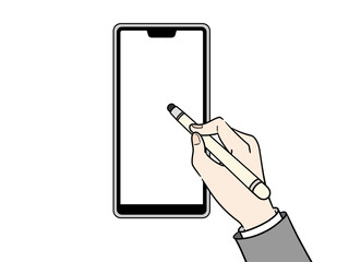 スマホをタッチペンで操作するスーツの女性の手