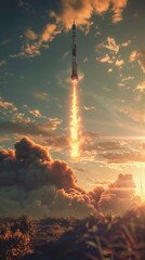 Majestic Rocket Launch At Sunset With Dramatic Clouds. Exploration And Adventure In Space Travel. International Day of Human Space Flight. Vertical Banner. AI Generated - obrazy, fototapety, plakaty