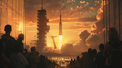 Group of People Gathers to Watch a Spacecraft Launch into the Night Sky. Human Curiosity and Collective Ambition of Space Exploration. AI Generated - obrazy, fototapety, plakaty