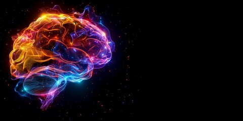 Fototapeta premium Neon Glowing Human Brain on Black Background. Wide-format Banner with Copy space. Artificial Intelligence. Futuristic Cyber Style