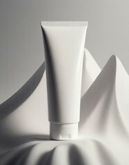 This is a white tube-shaped cosmetic container mockup. Liquid container for cream and cleansing foam.