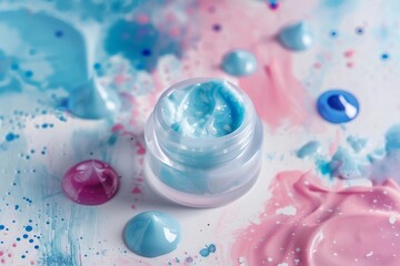 Facial skin empower skin care cream. Skincare treatment products: confidence lotion, skincare ahas gel, oil, pipette with youth serum and beauty jar pot