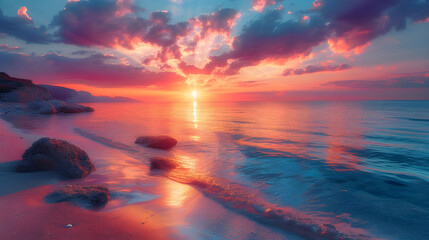 Gorgeous wallpaper of a sunset with rocks beside the shore 