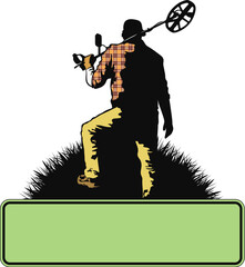 Man with a metal detector stands on the grass, design for metal and treasure searching