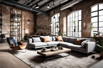 an urban chic space with a mix of industrial and contemporary sofas, bringing together the best of city aesthetics for a fashionable living room. - obrazy, fototapety, plakaty