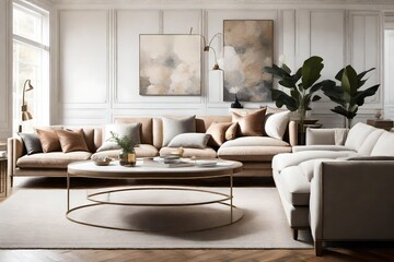 a sophisticated lounge with a curated selection of sofas in classic styles and muted tones, radiating timeless elegance in every detail.