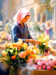 Street flower trade. Oil painting in impressionism style.