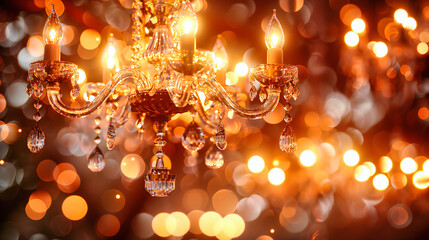 Luxurious Crystal Chandelier Close-Up, Decorative Light in Elegant Interior, Sparkling Diamonds and Bokeh Effect - obrazy, fototapety, plakaty