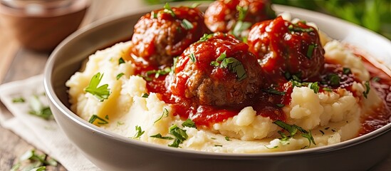 The bowl is filled with juicy meatballs and creamy mashed potatoes, creating a delicious and hearty meal. The meatballs are cooked to perfection and the mashed potatoes are smooth and flavorful