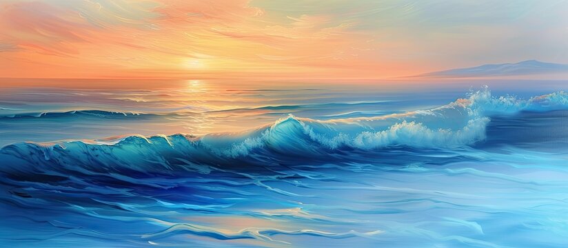A painting depicting a sunset over the ocean, showcasing a stunning seascape with calm waves and blue water reflecting the vibrant hues of the setting sun.