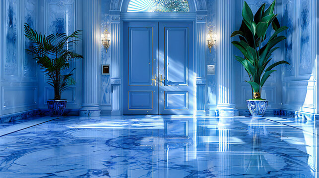 Luxurious Classic Interior Design, Elegant Marble Floor and Wooden Details, Concept of Modern and Traditional Elements