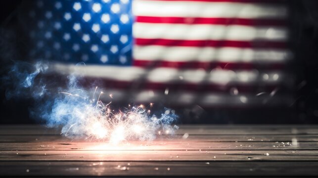 Flag With Sparklers And Smoke On Wooden Background