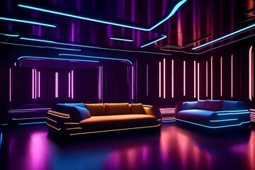 a futuristic lounge with sofas in sleek designs and metallic hues, embodying the cutting edge of...