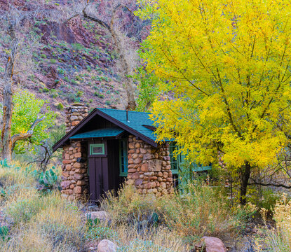 Rustic Cabin With Fall Color at Phantom Ranch, Grand Canyon National Park, Arizona, USA